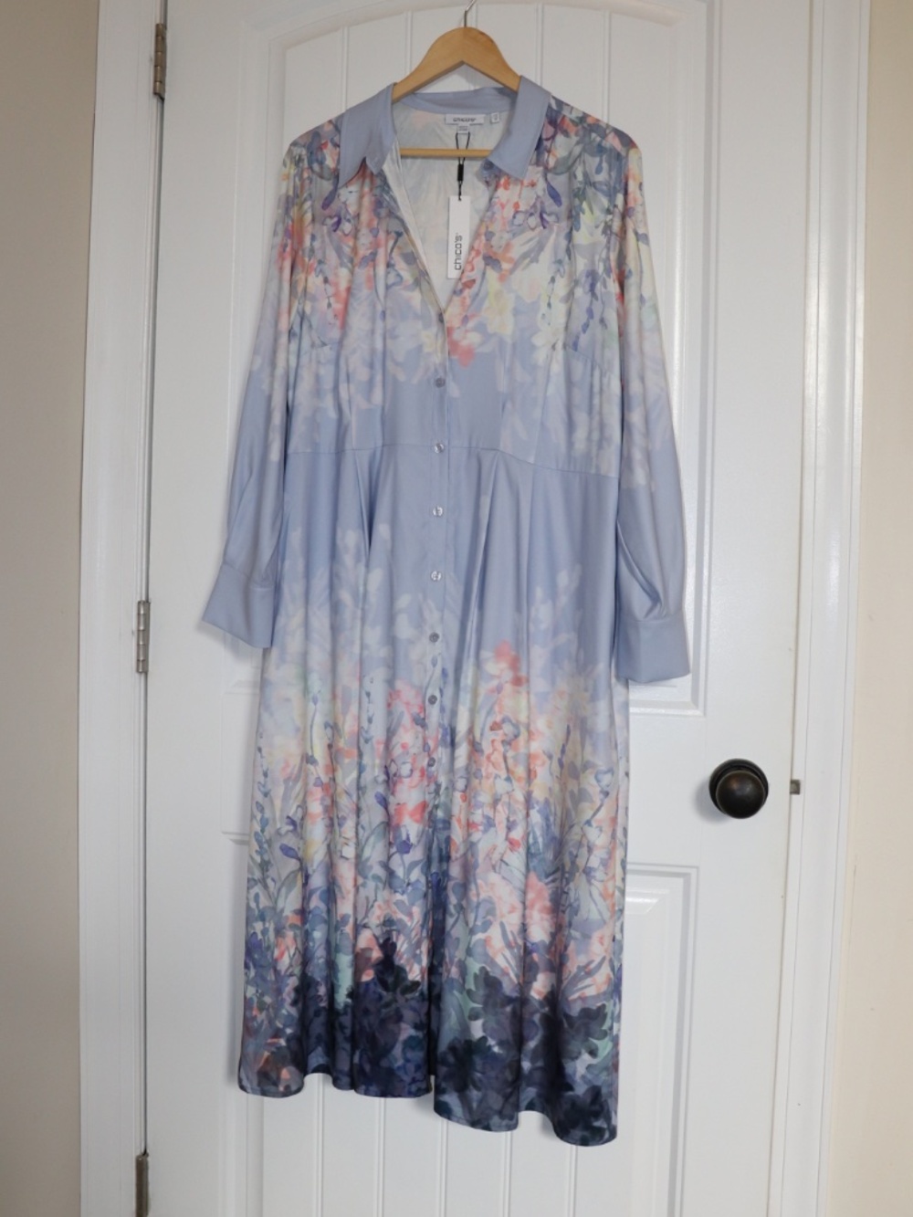 NWT Chico's Floral Matte Satin Midi Shirtdress Spring Summer Dress Size 2.5